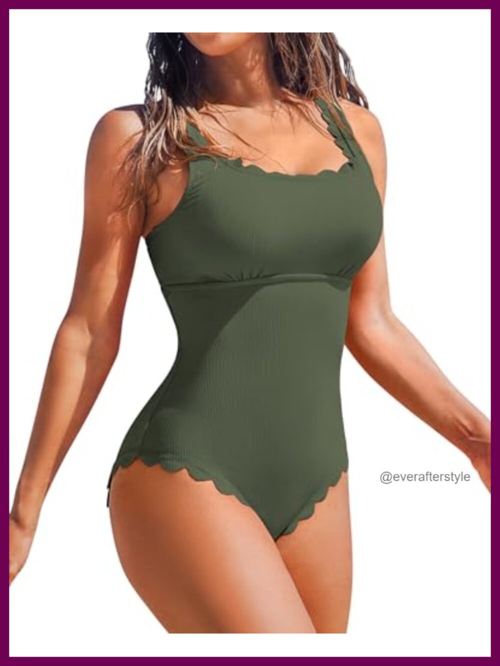 Scalloped One Piece Swimsuit Modest Ribbed Bathing Suit